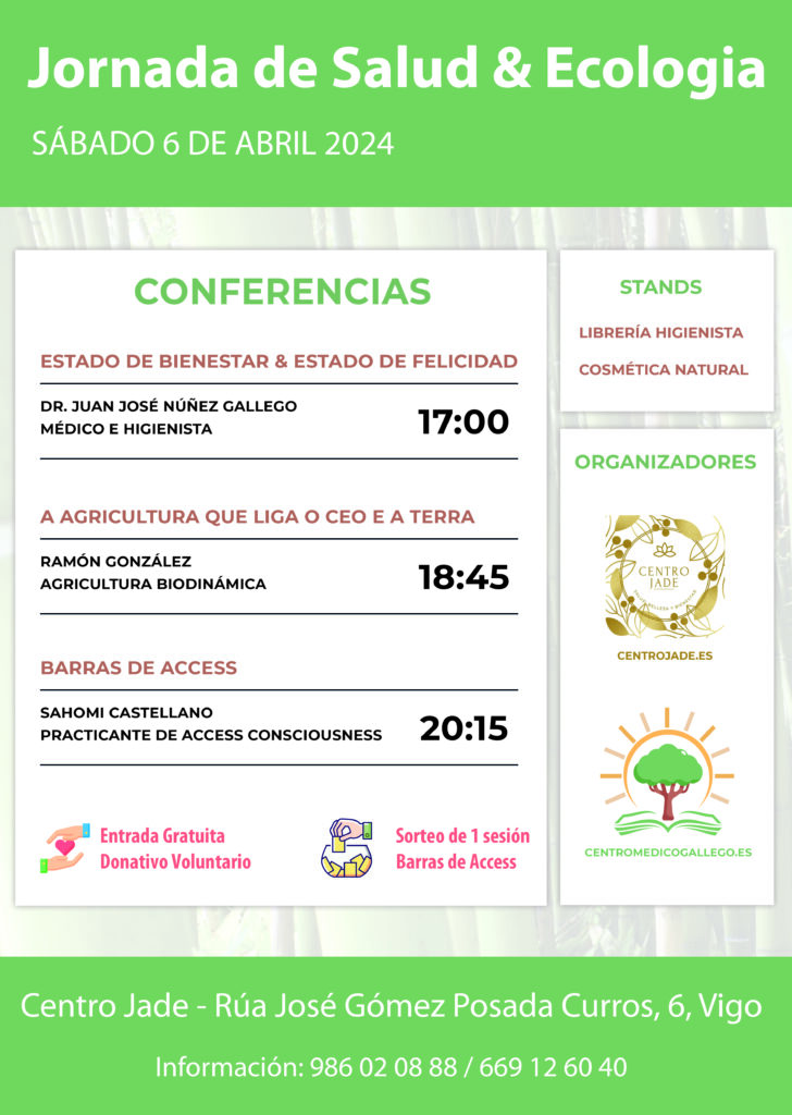 Cartel de la Jornada de Salud y Ecología en Vigo organizado por el Centro Médico Gallego  y el Centro Jade